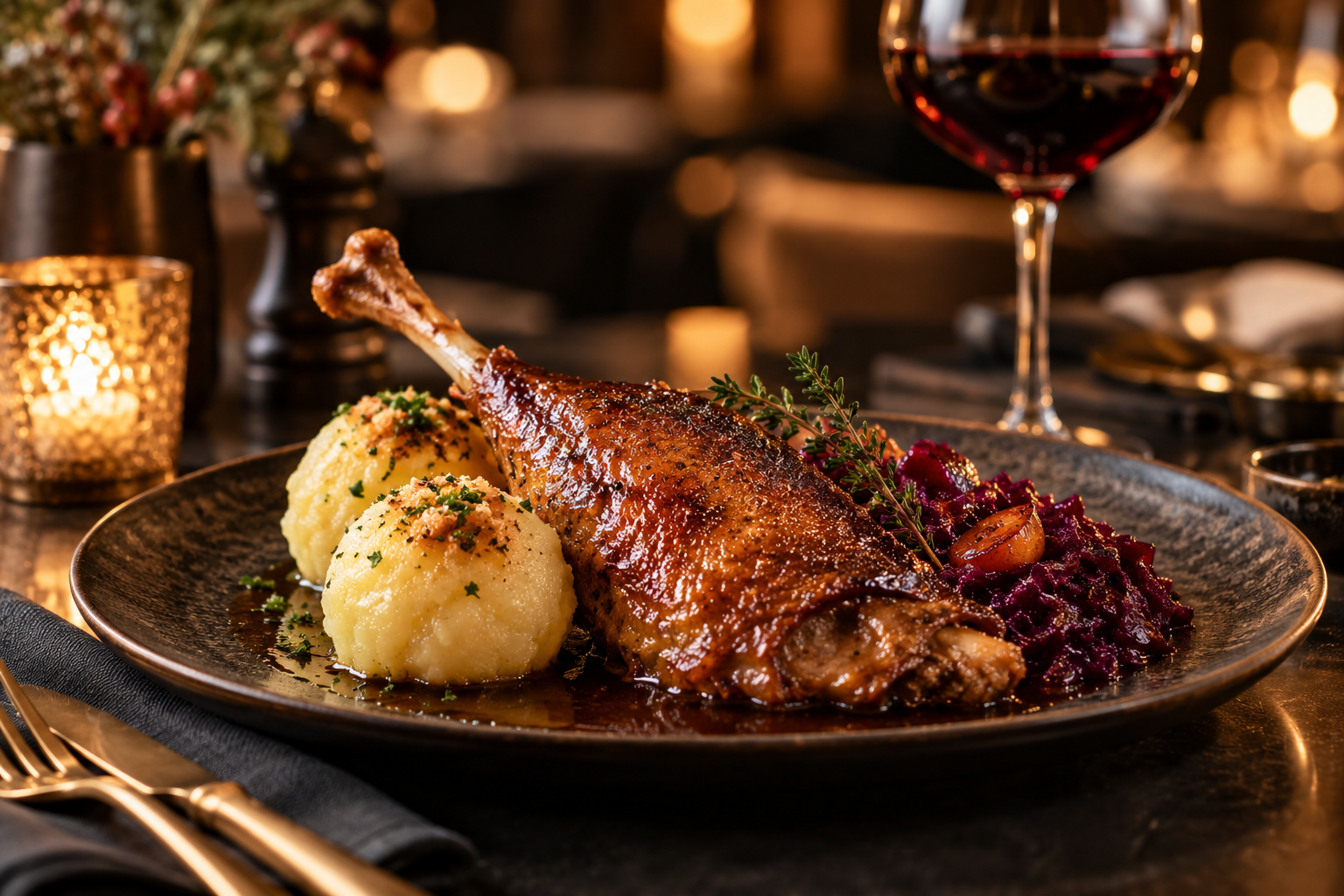 Gänsekeule mit Rotkohl und Knödeln bei Kerzenschein – illustra