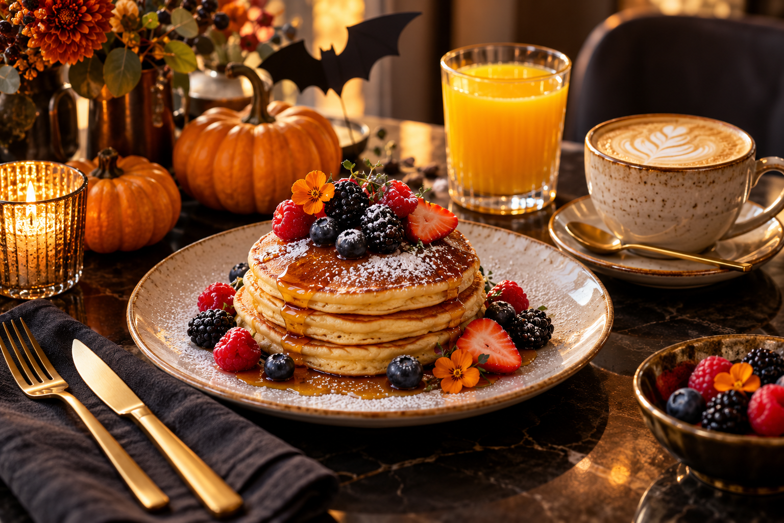 spooky-brunch Halloween-Frühstück mit Pancakes, Kaffee und Kürbissen – illustratives