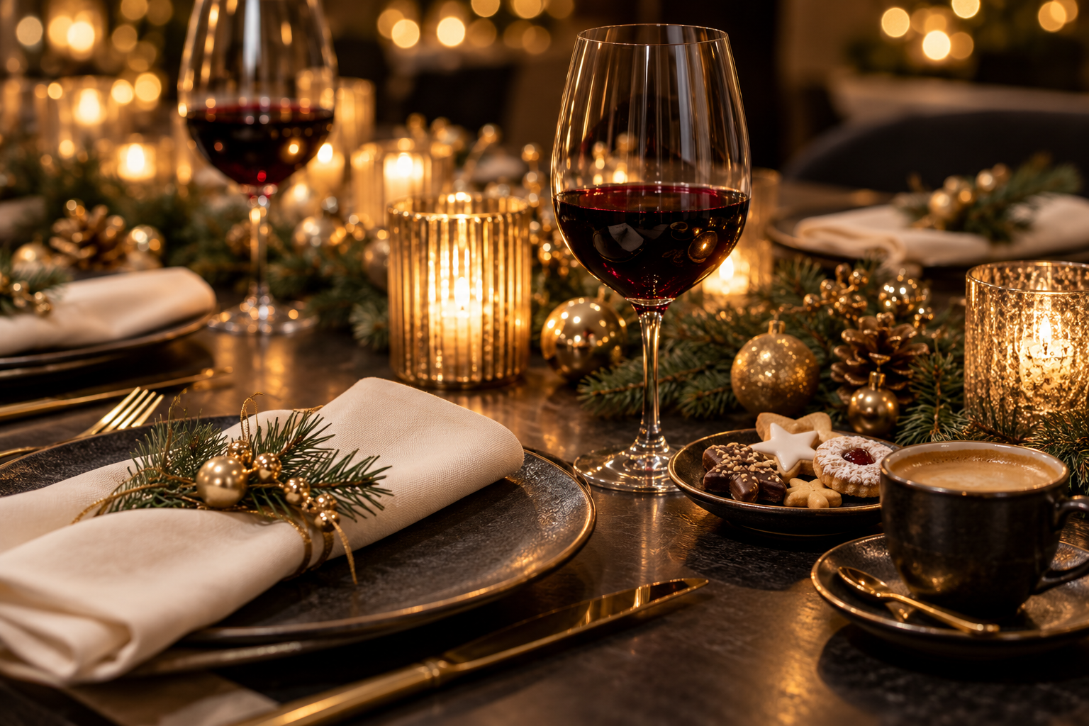 weihnachtsfeier Festliche Tischdekoration mit Kerzen, Wein und Weihnachtsgebäck – illustratives Motiv